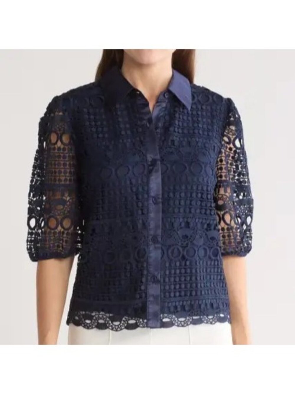 Brianna Lace Puff Sleeve Button Up Top Navy Blue Nordstroms Regular XL NWT